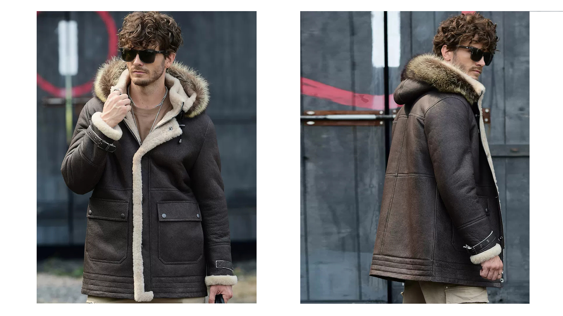 Denny&Dora Mens Brown Shearling Jacket Mid-Length Sheepskin Coat